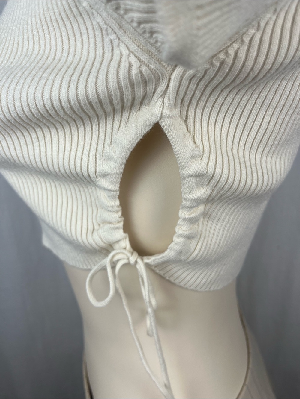 Zara Cream Ribbed Tie-Detail Crop Top Medium - Picture 4 of 6